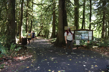 Trailhead on natural surface trail leading to boardwalk along wetlands and the Salmon River